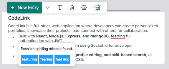 AI-powered resume grammar checker showing real-time spelling and grammar error detection with instant corrections for professional resume optimization